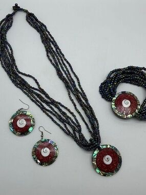 Multi Strand Necklace Bracelet Earrings Seed Bead Set